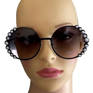 Pearl  Embellished Black Round Frame Dark Lens Sunglass…BALL…